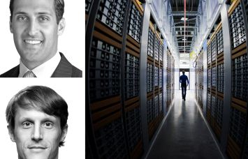 Drake Greer and Jamie Leachman of JLL, and a person walks down a row of servers at a data center.