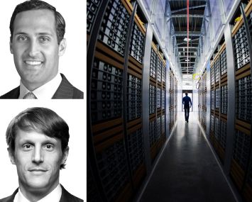 Drake Greer and Jamie Leachman of JLL, and a person walks down a row of servers at a data center.