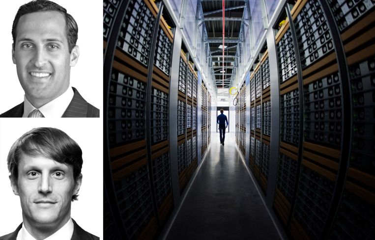Drake Greer and Jamie Leachman of JLL, and a person walks down a row of servers at a data center.