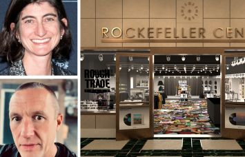 EB Kelly of Tishman Speyer, Stephen Godfroy of Rough Trade, and a rendering of Rough Trade's new Rockefeller Center location.