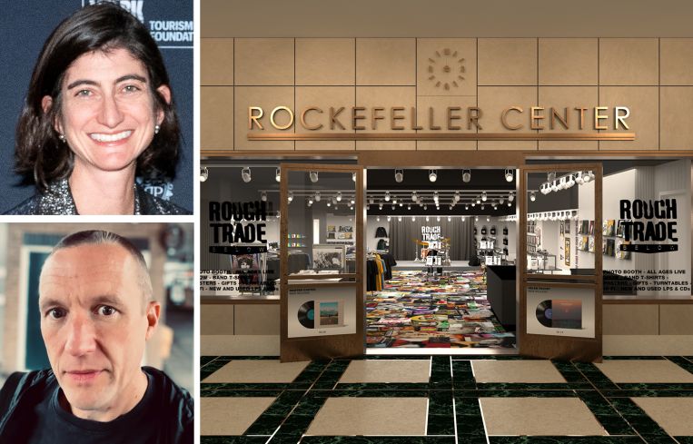EB Kelly of Tishman Speyer, Stephen Godfroy of Rough Trade, and a rendering of Rough Trade's new Rockefeller Center location.
