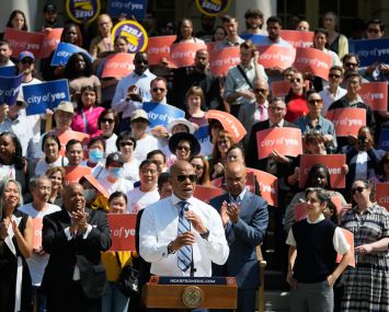 Mayor Eric Adams at a rally for his City of Yes proposal.
