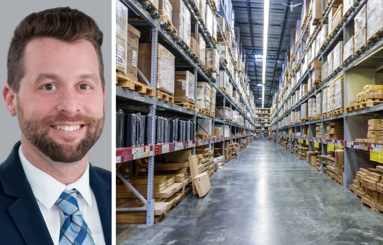 Eric Messer, senior research manager for Florida at Cushman & Wakefield, and the interior of a warehouse.