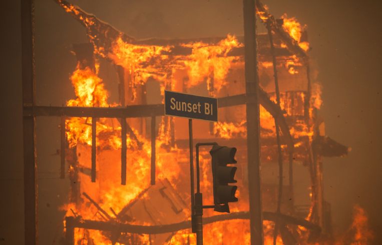 A burned building on Sunset Boulevard in Pacific Palisades.