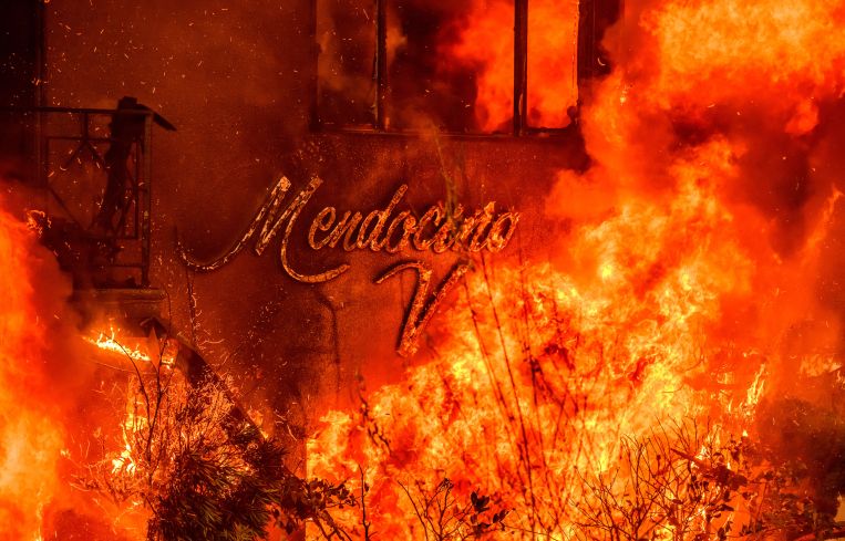 An apartment building burns during the Eaton fire in the Altadena area of Los Angeles County.