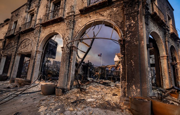 A building at Antioch Street and Swarthmore Avenue in Palisades Village was destroyed by the Palisades Fire.