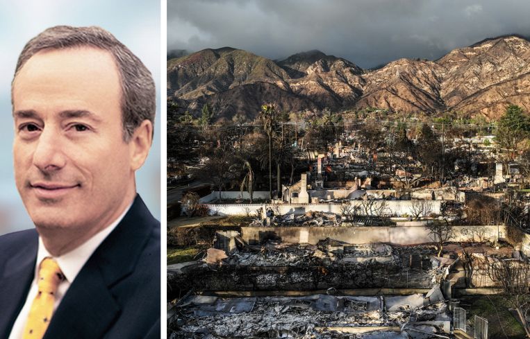 Alexandria Real Estate founder Joel Marcus and remnants of the Eaton Fire in Los Angeles.