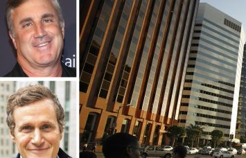 Douglas Emmett President and CEO Jordan Kaplan, Tishman Speyer CEO Rob Speyer, and Murdock Plaza in Los Angeles (left).