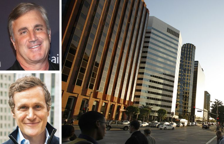 Douglas Emmett President and CEO Jordan Kaplan, Tishman Speyer CEO Rob Speyer, and Murdock Plaza in Los Angeles (left).
