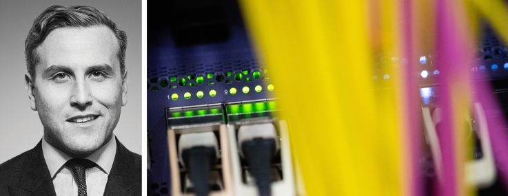 Newmark's Jordan Roeschlaub and networking cables attached to a computer server.