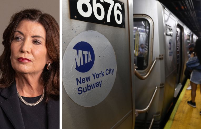Gov. Kathy Hochul and a New York City subway train.
