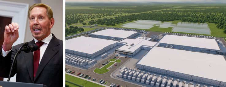 Larry Ellison, chief technology officer of Oracle, and a rendering of the Lancium Clean Campus in Abilene, Texas.