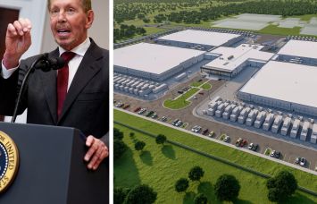 Larry Ellison, chief technology officer of Oracle, and a rendering of the Lancium Clean Campus in Abilene, Texas.