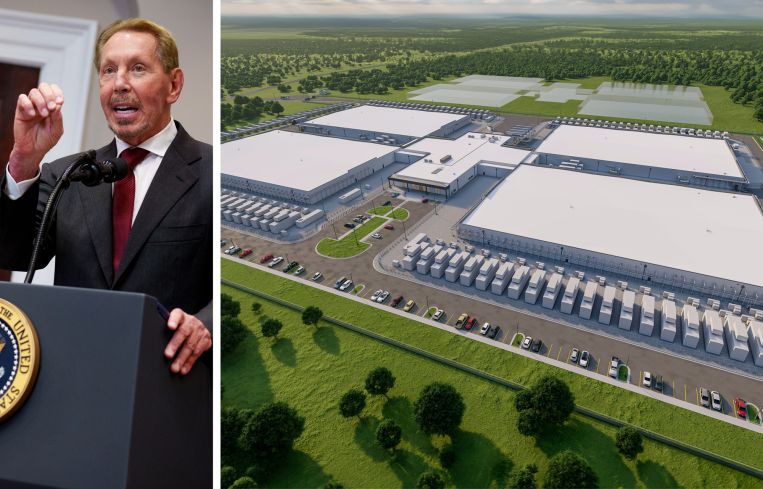 Larry Ellison, chief technology officer of Oracle, and a rendering of the Lancium Clean Campus in Abilene, Texas.