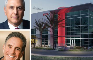 Affinius chairman and CEO Len O'Donnell, Vice Chairman and CIO Craig Solomon, and a rendering of 3551 East Jurupa Street, part of The Hub development in Ontario, Calif.