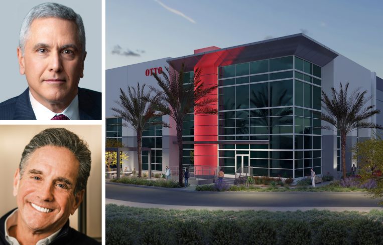 Affinius chairman and CEO Len O'Donnell, Vice Chairman and CIO Craig Solomon, and a rendering of 3551 East Jurupa Street, part of The Hub development in Ontario, Calif.