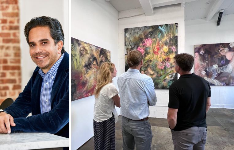 Matthew Mandell of GFP Real Estate and a group of people looking at paintings