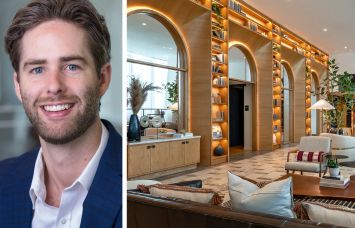 Max Timmons, director at Pembroke, and The Fitzroy lobby in Arlington, Va.