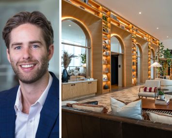 Max Timmons, director at Pembroke, and The Fitzroy lobby in Arlington, Va.