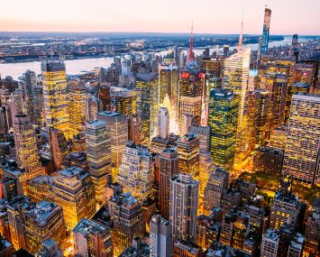 Manhattan Midtown and Times Square at dusk from above