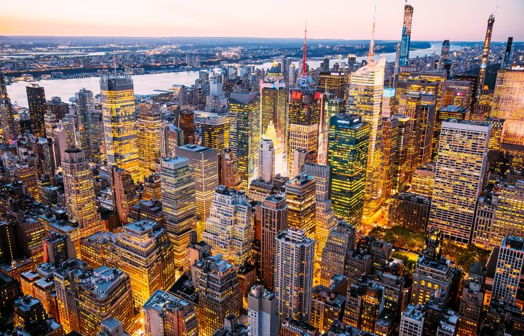 Manhattan Midtown and Times Square at dusk from above