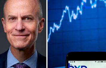BXP CEO Owen Thomas and the BXP logo with a stock chart.