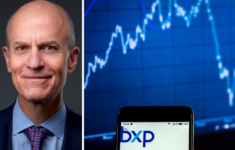 BXP CEO Owen Thomas and the BXP logo with a stock chart.