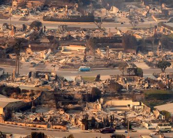 Aerial view of the Pacific Palisades neighborhood after a massive wildfire burned through the area.