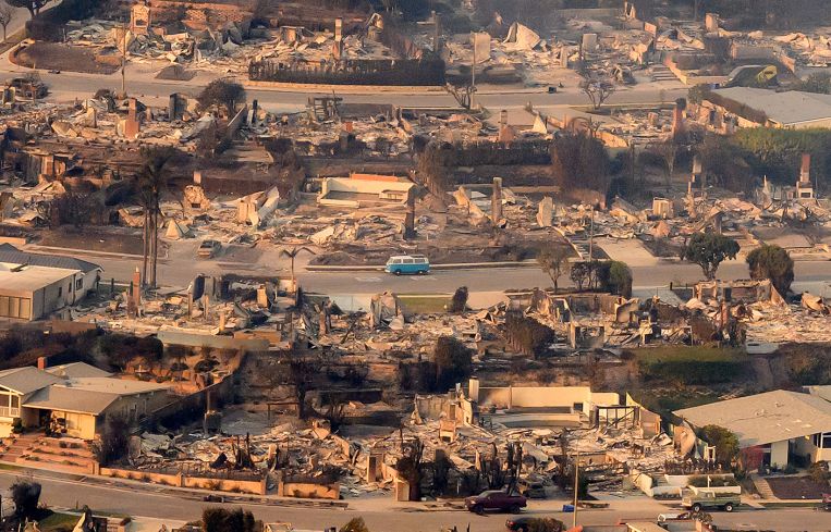 Aerial view of the Pacific Palisades neighborhood after a massive wildfire burned through the area.