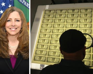 Bureau of Engraving and Printing Director Patty Collins and a printing supervisor inspects sheets of one dollar bills.