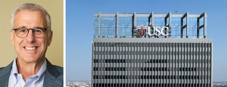 LA28 Olympic and Paralympic CEO Reynold Hoover and South Park Center - USC Tower.