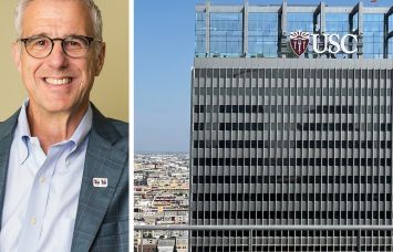 LA28 Olympic and Paralympic CEO Reynold Hoover and South Park Center - USC Tower.