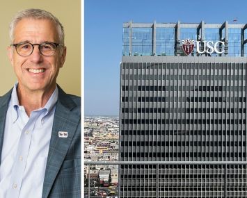LA28 Olympic and Paralympic CEO Reynold Hoover and South Park Center - USC Tower.