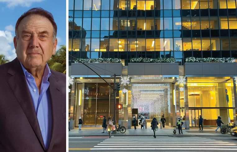 Richard LeFrak, chairman and CEO of LeFrak, and the entrance to 40 West 57th Street.