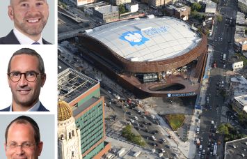 Shamir Seidman and Judah Hammer of CBRE, Avi Weinstock of Meridian Capital, and an aerial view of the neighborhood near the Barclays Center.