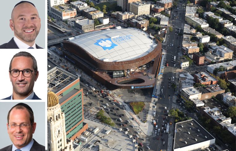 Shamir Seidman and Judah Hammer of CBRE, Avi Weinstock of Meridian Capital, and an aerial view of the neighborhood near the Barclays Center.