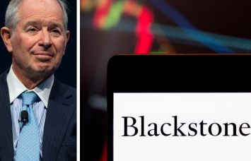 Blackstone CEO Steve Schwarzman and the Blackstone logo with stock charts in the background.