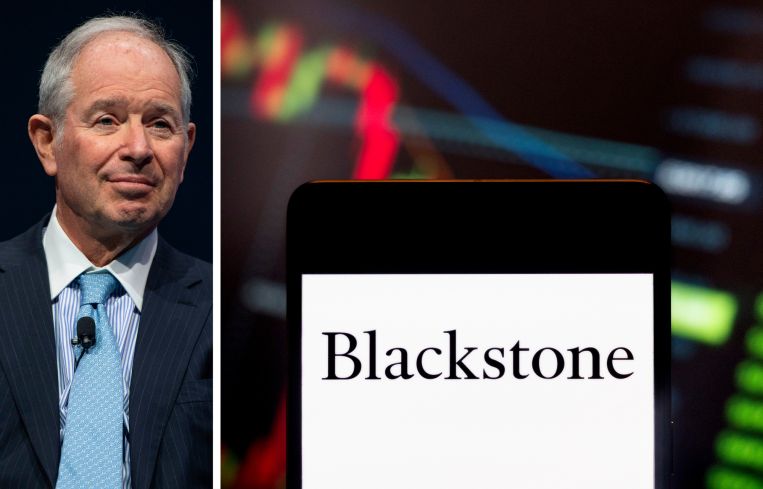 Blackstone CEO Steve Schwarzman and the Blackstone logo with stock charts in the background.