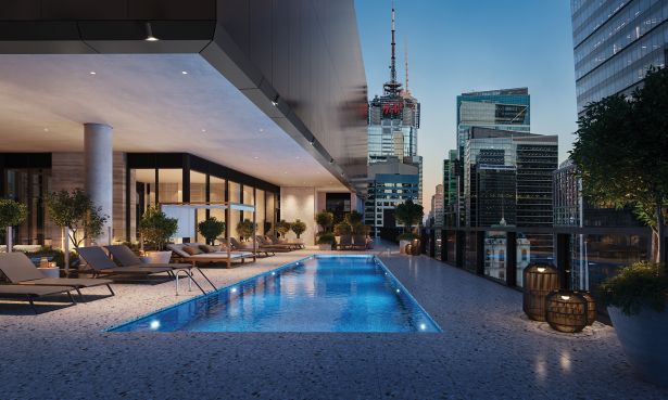 A rendering of The Ellery's rooftop pool.