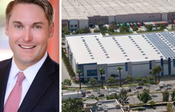 Tom Burns of Affinius Capital and a rendering of 1101 California logistics project in Redlands, Calif.
