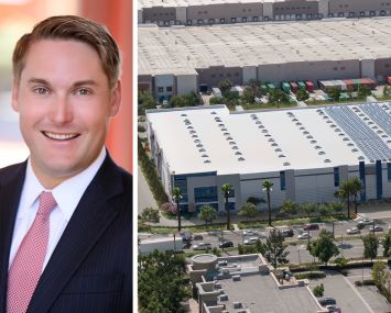 Tom Burns of Affinius Capital and a rendering of 1101 California logistics project in Redlands, Calif.