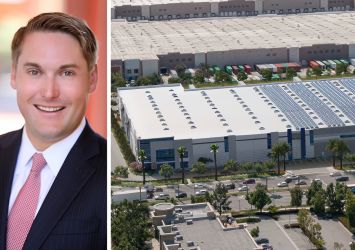 Tom Burns of Affinius Capital and a rendering of 1101 California logistics project in Redlands, Calif.