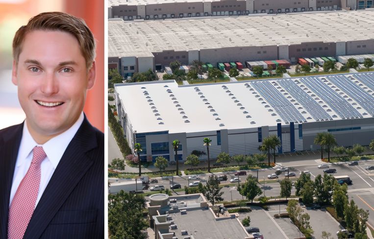 Tom Burns of Affinius Capital and a rendering of 1101 California logistics project in Redlands, Calif.