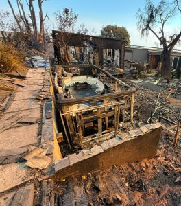 The guest house and backyard of Vicky Schiff after wildfires in the Pacific Palisades neighborhood of Los Angeles.