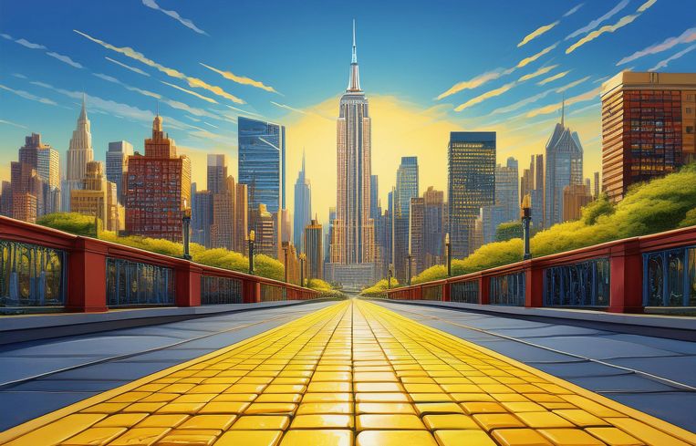 A drawing of a yellow brick road towards Manhattan.
