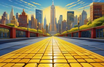 A drawing of a yellow brick road towards Manhattan.