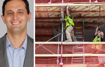 REBNY's Zach Steinberg and construction workers building housing.
