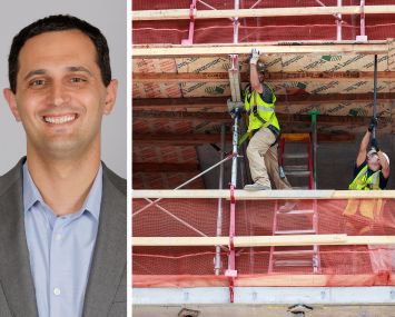 REBNY's Zach Steinberg and construction workers building housing.