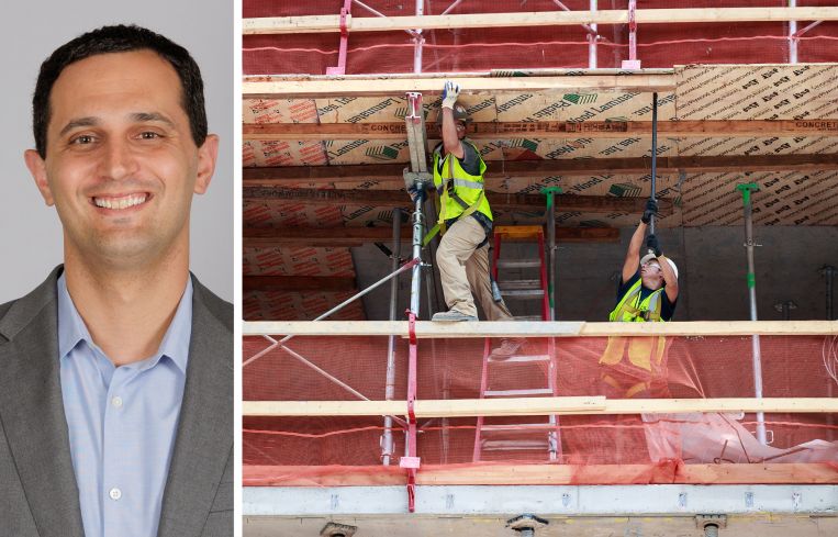 REBNY's Zach Steinberg and construction workers building housing.