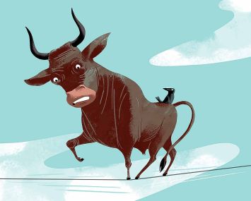 A drawing of a bull on a tightrope.